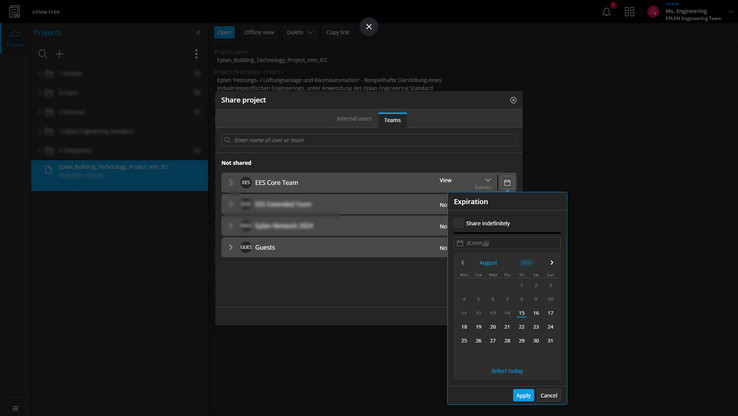 EPLAN Collaboration Apps: compartilhar com um grupo predefinido